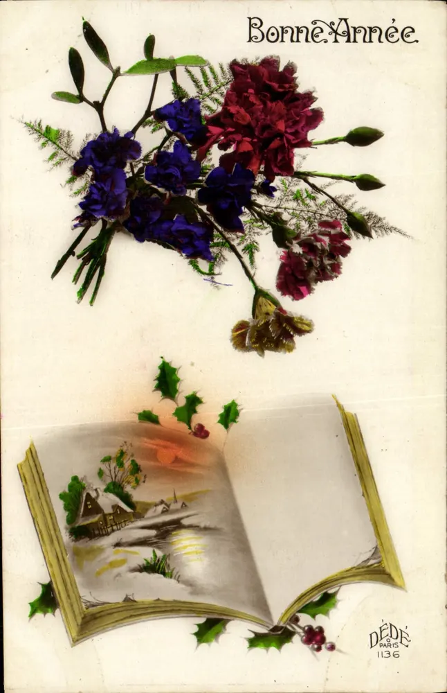 Buquê de flores e livro aberto — Boa Ano — DÉDÉ, Paris, n° 1136 - Frente