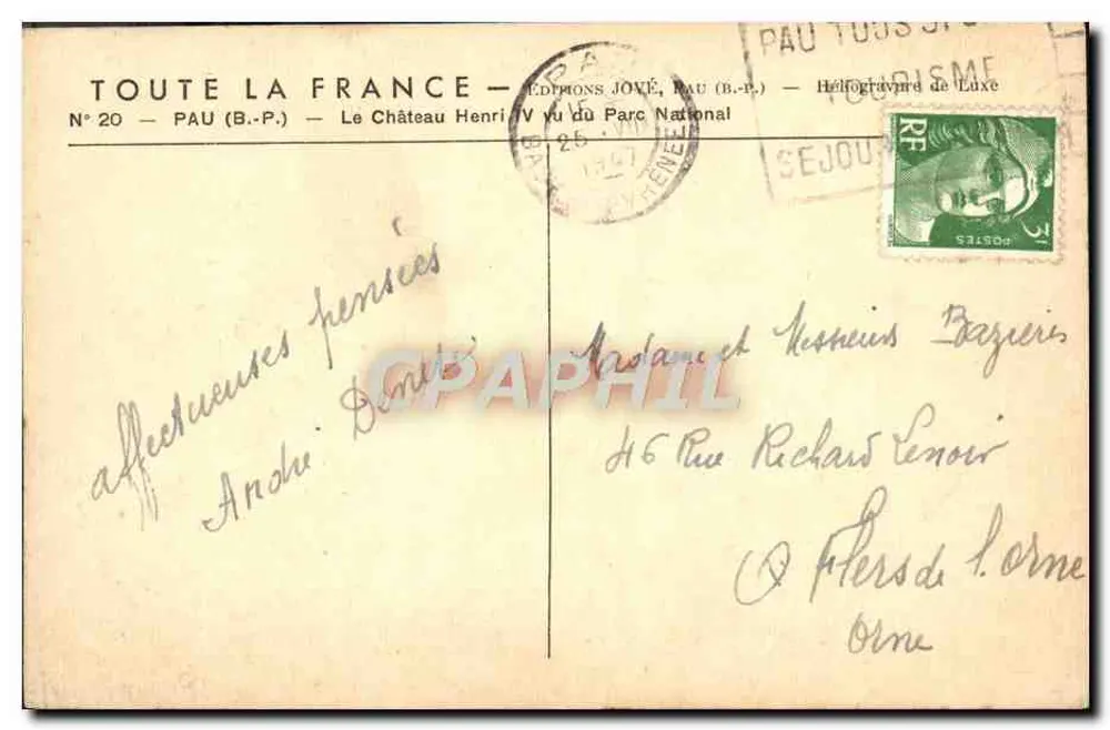 Schloss Henri IV aus dem Nationalpark gesehen — Éditions JOVÉ, Pau (B.P.) — N° 20 - Rückseite