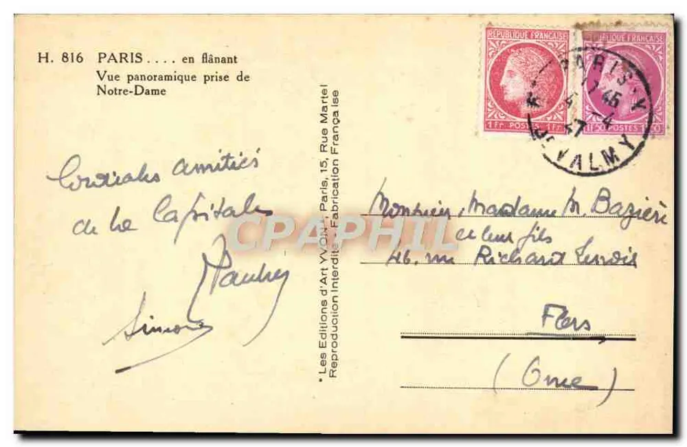 Paris — Panoramablick vom Notre-Dame — Éditions d'Art Martel, Nr. H. 816 - Rückseite