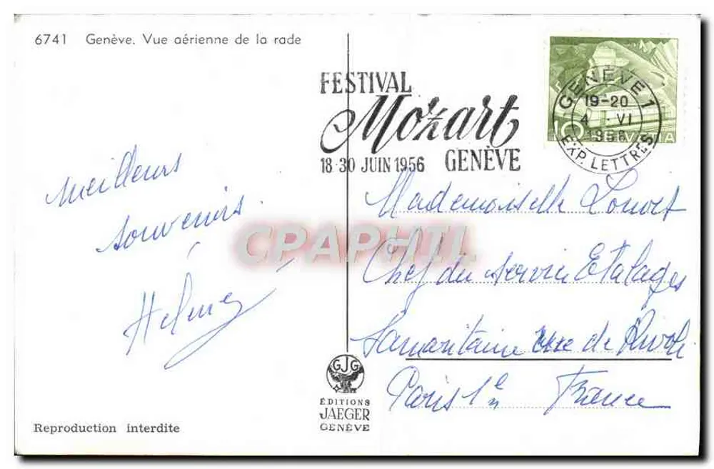 Ginevra. Vista aerea del porto — Festival Mozart 1956 — Edizioni Jaeger - Verso