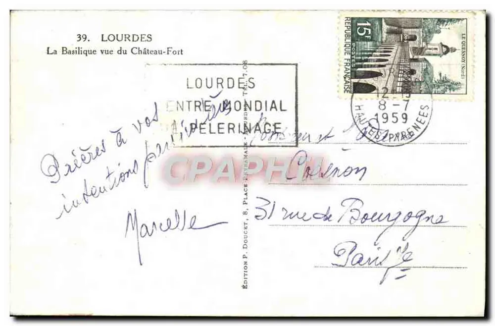 Lourdes — Die Basilika vom Schloss aus gesehen — Edition P. Doucet - Rückseite