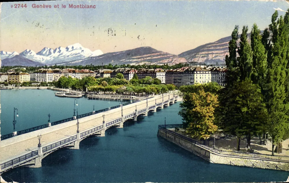 Genebra e o Montblanc — vista do lago e do ponte — Edição Photolos Zürich n°2744 - Frente