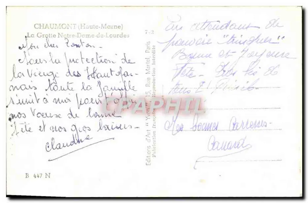 Chaumont (Haute-Marne) — A Gruta Nossa Senhora de Lourdes — Edições de Arte « Yvan » - Verso