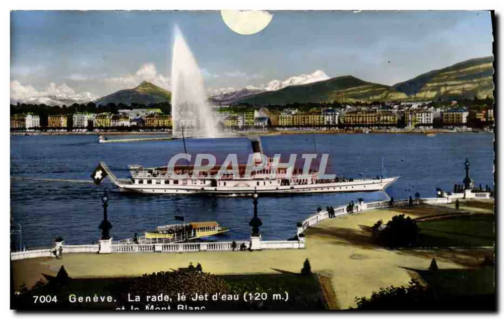 Genf. Der Hafen, der Jet d'eau (120 m.) und der Mont Blanc — Éditions Jaeger - Vorderseite