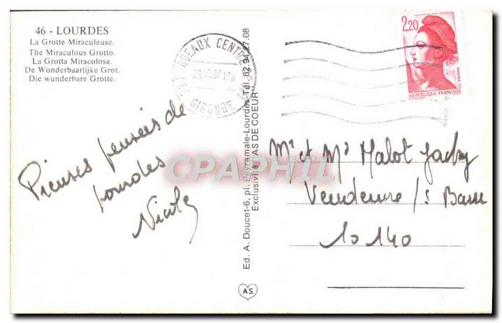 Jaskinia w Lourdes — wydawca Ed. A. Douceil — n°46 - Rewers
