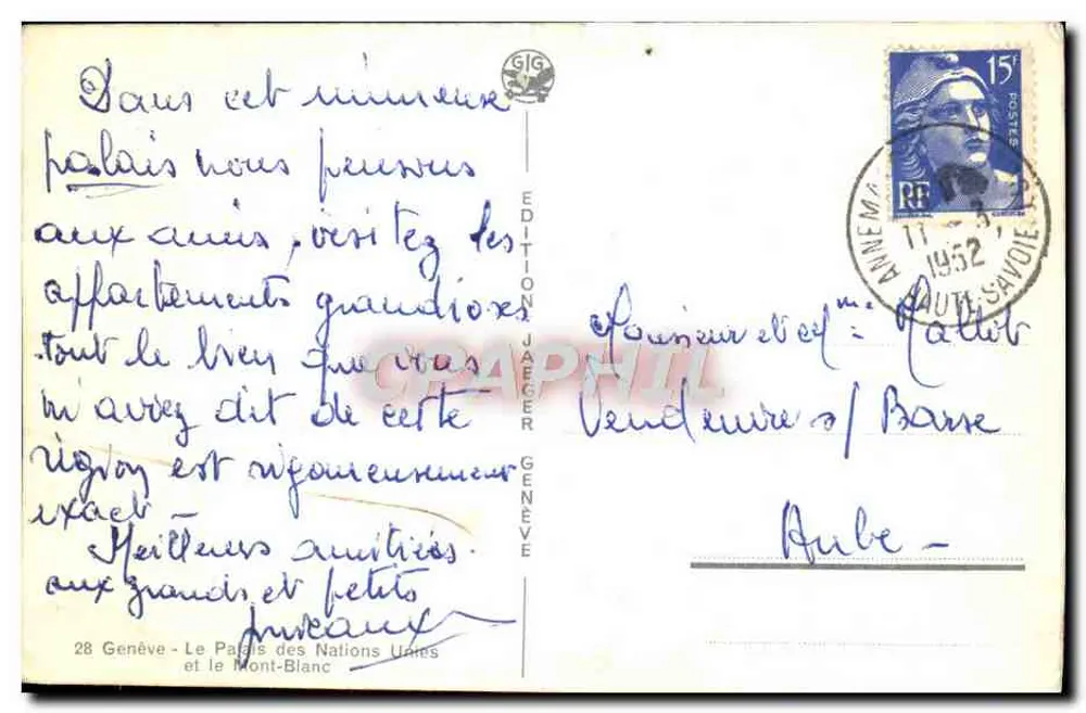 Genf — Palast der Nationen und der Mont-Blanc — Edition Jaeger - Rückseite