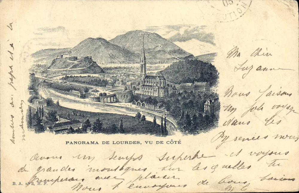 Panorama de Lourdes, vu de côté — éditeur B.A. n°2, H.F. - Frente