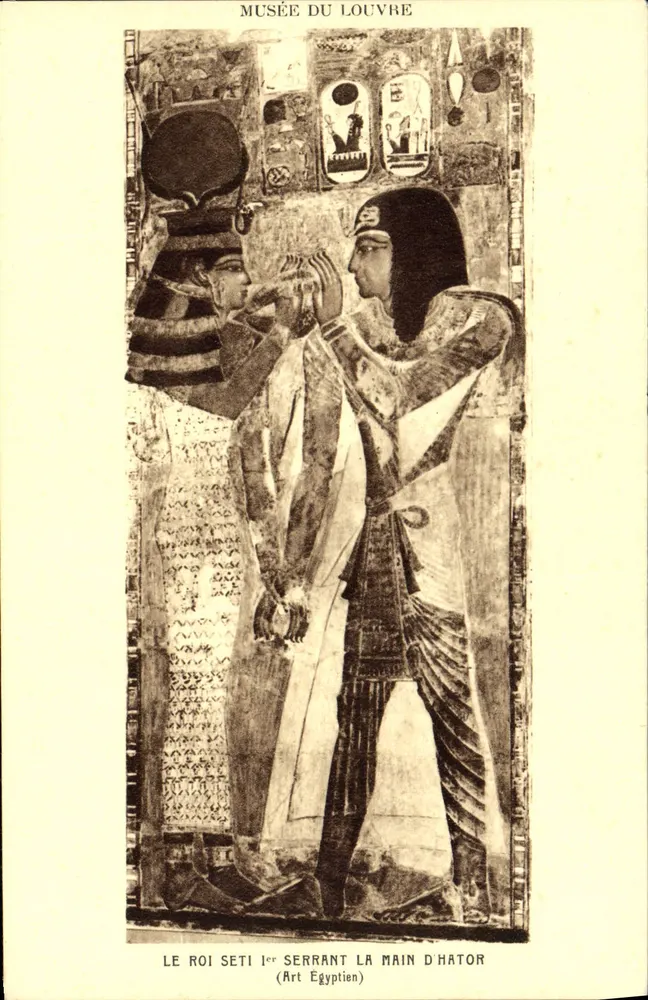O Rei Seti I serrando a mão de Hator — Arte Egípcia — Museu do Louvre — Braun & Cie, Paris - Frente