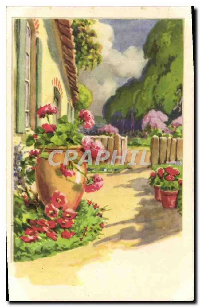 Jardim florido — vista de casa com gerânios — Imprimerie de la Place - Frente