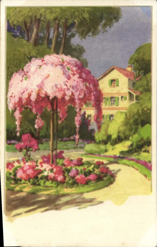 Jardin fleuri avec maison — vue peinte — éditeur non visible - Frente