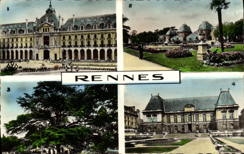 Rennes — Vier Ansichten: Palast des Handels, englischer Garten des Thabor, Garten des Thabor, Palast der Justiz — Éditions du Globe, Paris - Vorderseite