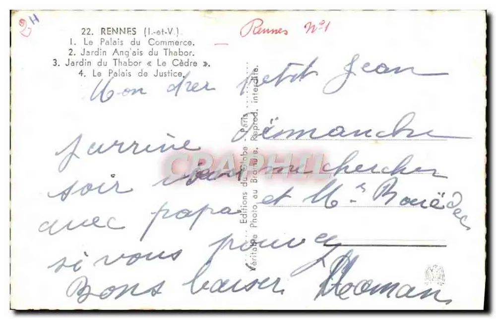 Rennes — Vier Ansichten: Palast des Handels, englischer Garten des Thabor, Garten des Thabor, Palast der Justiz — Éditions du Globe, Paris - Rückseite