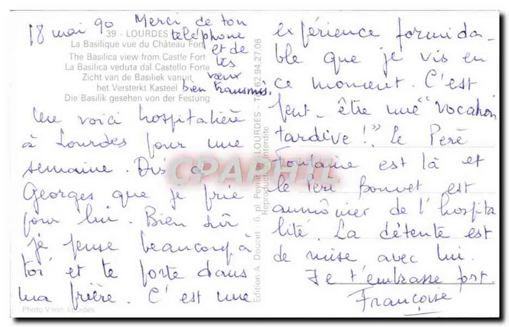 Lourdes — Blick auf die Basilika und das Festungsschloss — Ausgabe A. Douzat - Rückseite