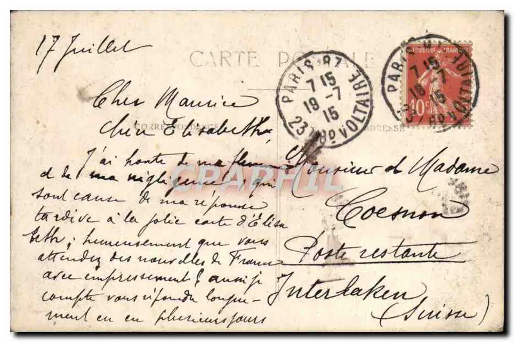 Retrato de um jovem — texto manuscrito — Paris, 1915 - Verso