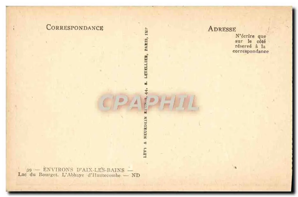 Lago do Bourget — A Abadia de Hautecombe — Editor Levy & Neurdein, n°39 - Verso