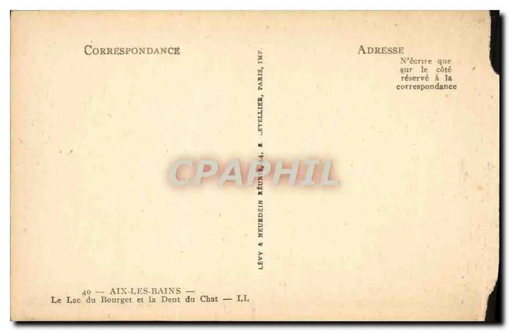 Le Lac du Bourget et la Dent du Chat — Aix-les-Bains — Éditeur Lévy & Neurdein, Imp. J. Fyvellier, Paris - Verso