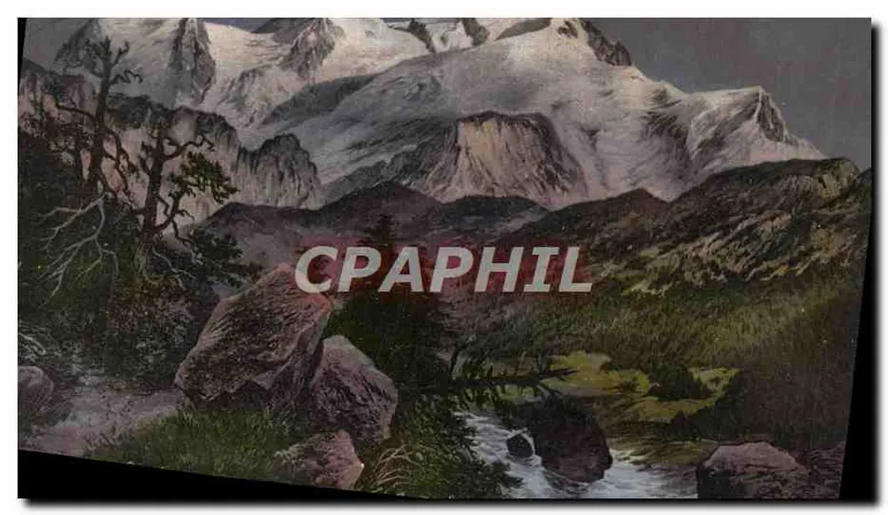 Paisagem alpina — montanhas nevadas e riacho — editor não identificado - Frente