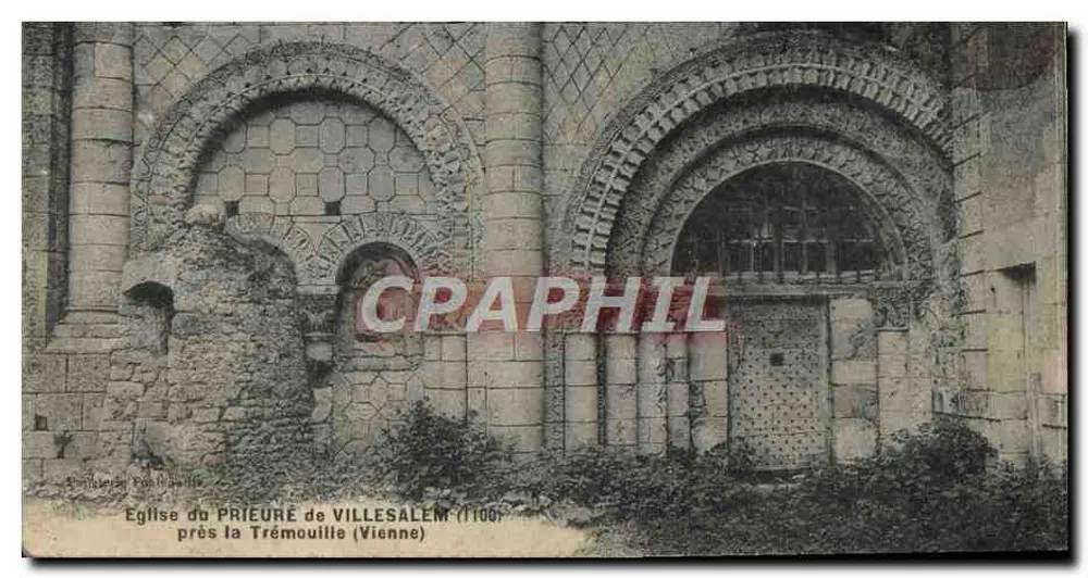 Kirche des Prämonstratenserstifts Villesalem — romanische Fassade mit verzierten seitlichen Türen — Verlag A. M. L. B. (gedruckt auf der Karte) - Vorderseite