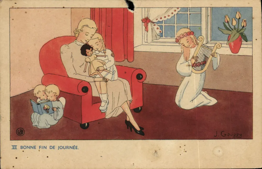 Famille heureuse — scène intérieure avec enfants et harpiste — J. Gouppy - Recto