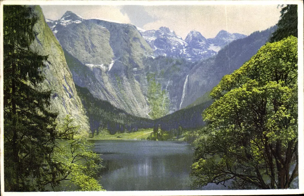 Lago nas Alpes — visão panorâmica com cachoeiras — Photochromie, Série 855, n° 0065 - Frente