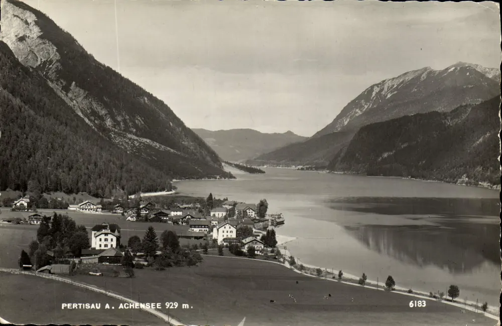 Pertisau à l'Achensee — vista do lago e das montanhas — editor Much Heise, n° 6183 - Frente