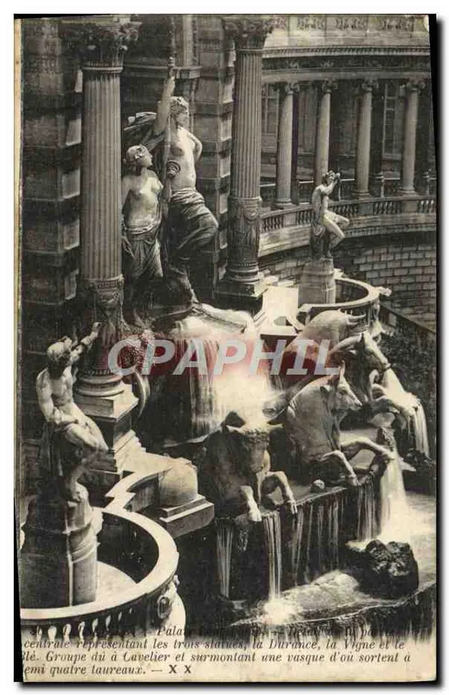 Pałac Elysee — Centralna fontanna z trzema statuami: Durance, Winorośl i Kowboj — wydawca X X - Awers