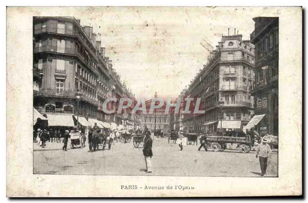 PARIS - Avenue de l'Opéra — vue de la rue avec piétons et voitures à cheval — éditeur 'CPAPHIL' (imprimé sur la carte) - Frente