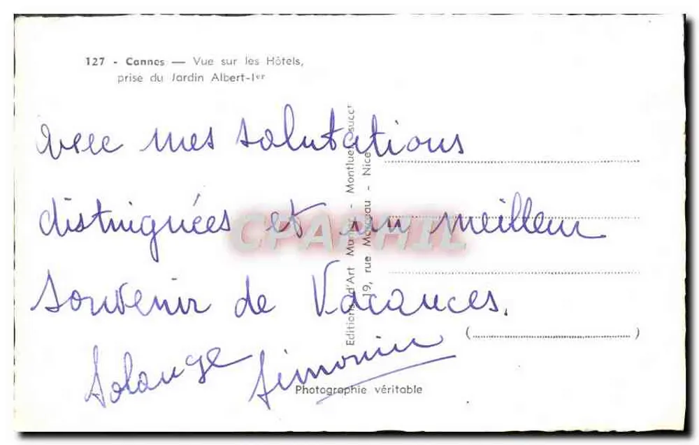Cannes — Blick auf die Hotels, Aufnahme vom Jardin Albert-1er — Verlag: Imprimerie Munier - Rückseite