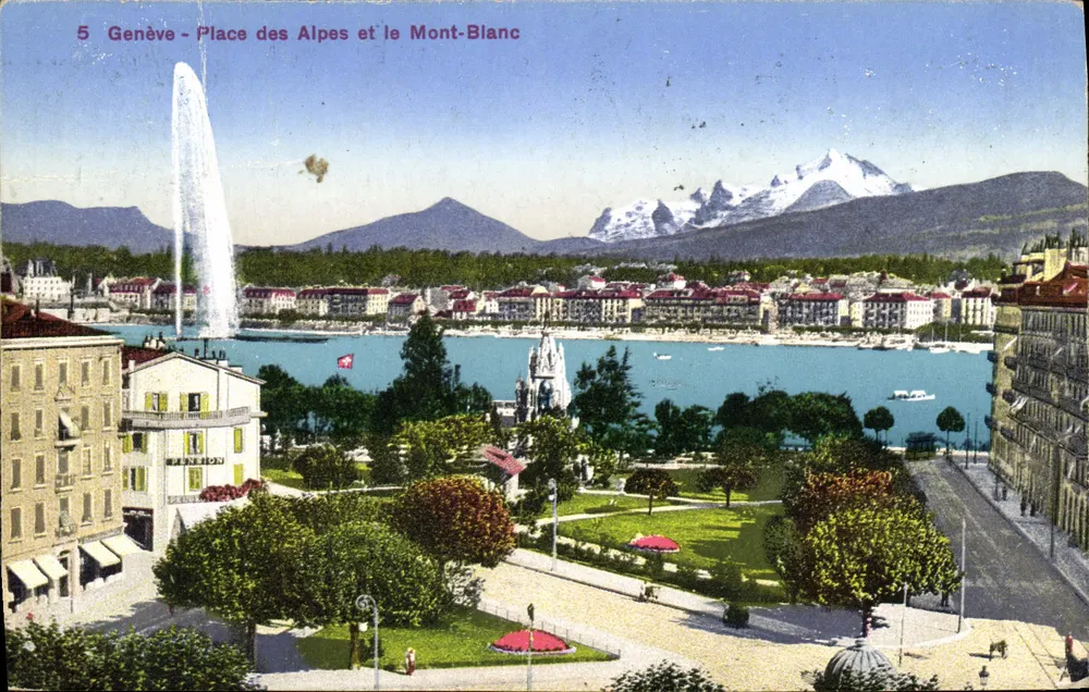 Genève - Place des Alpes et le Mont-Blanc — vue panoramique avec la fontaine de la Place des Alpes et le Mont-Blanc en arrière-plan, éditeur JACQUES, n°5 - Vorderseite