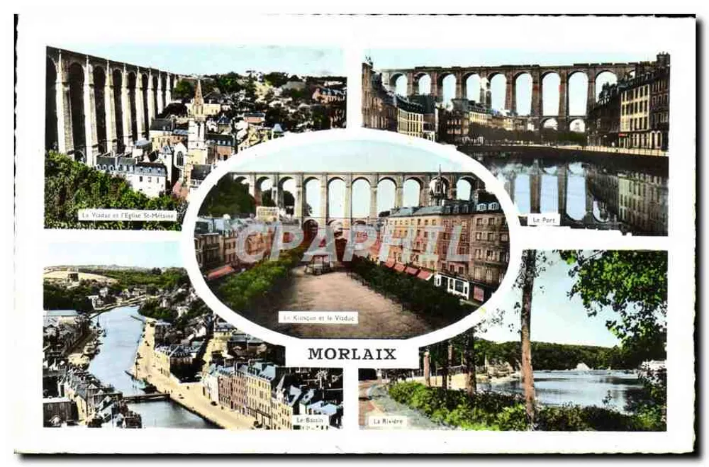 Morlaix — Vista panorâmica do viaduto, do porto, do cais e do rio — Edição Abraud e Fils, Montreuil - Frente