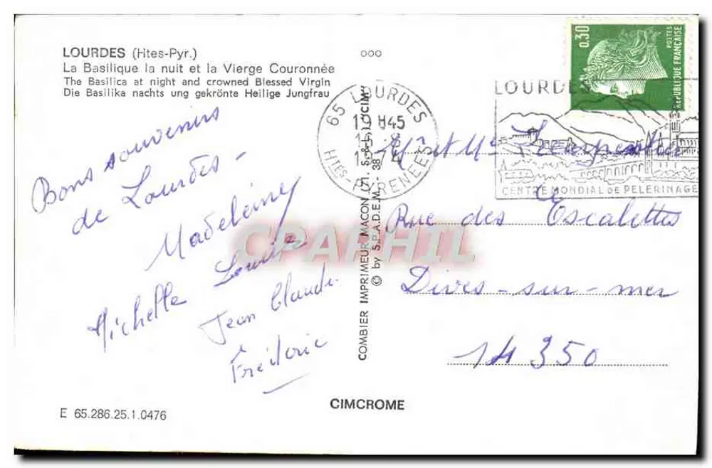 Lourdes — Die Basilika in der Nacht und die Gekrönte Jungfrau — Drucker Maccon - Rückseite