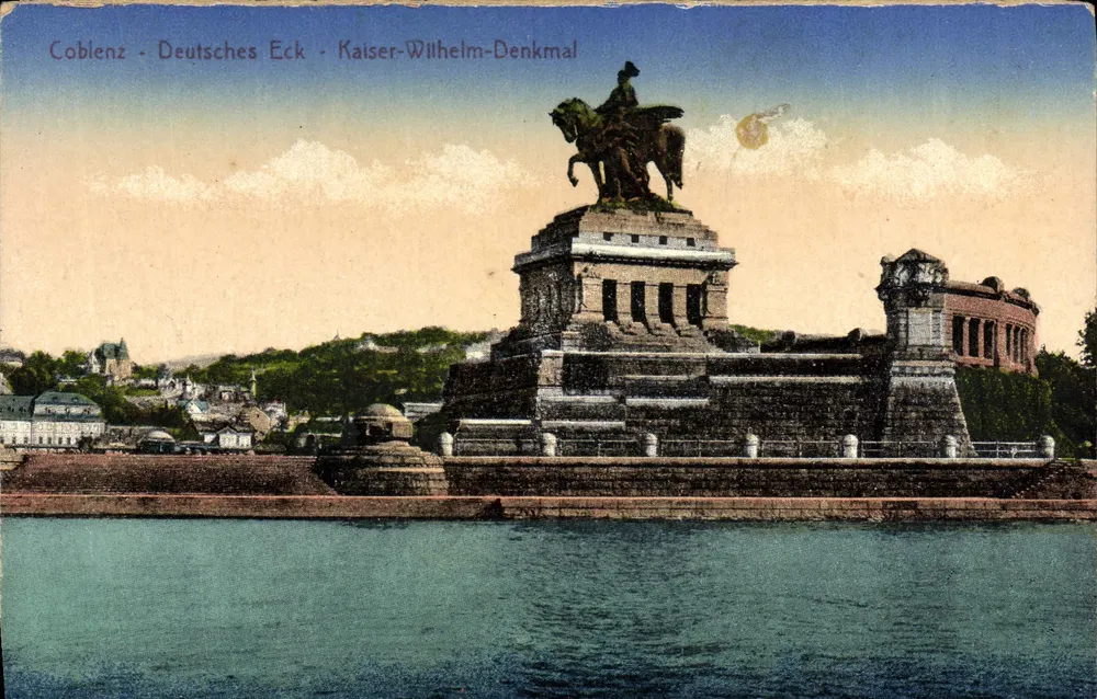 Koblenz - Niemiecki Kąt - Pomnik Cesarza Wilhelma — wydawca Verlag von Karl Raul Bauer & Co, Köln a. Rh. - Awers