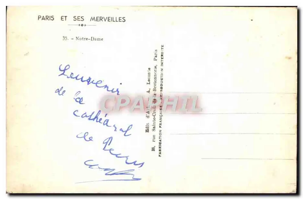 Notre-Dame de Paris — façade gothique avec rosace centrale — éditeur A. Leconte, Paris - Verso