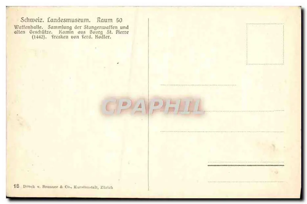 Waffenhalles — Saal der langen und alten Waffen — Druck v. Brunner & Co., Kunstanstalt, Zürich - Rückseite