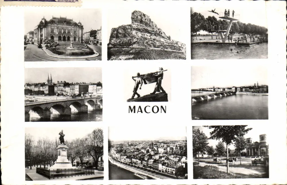 Macon — vue panoramique avec huit scènes locales — éditeur COMBIEUR IMP. MACON - Frente