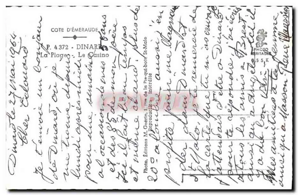 Praia de Dinard — visão do Cassino — Editora Enjégé, n° P. 4.372 - Verso