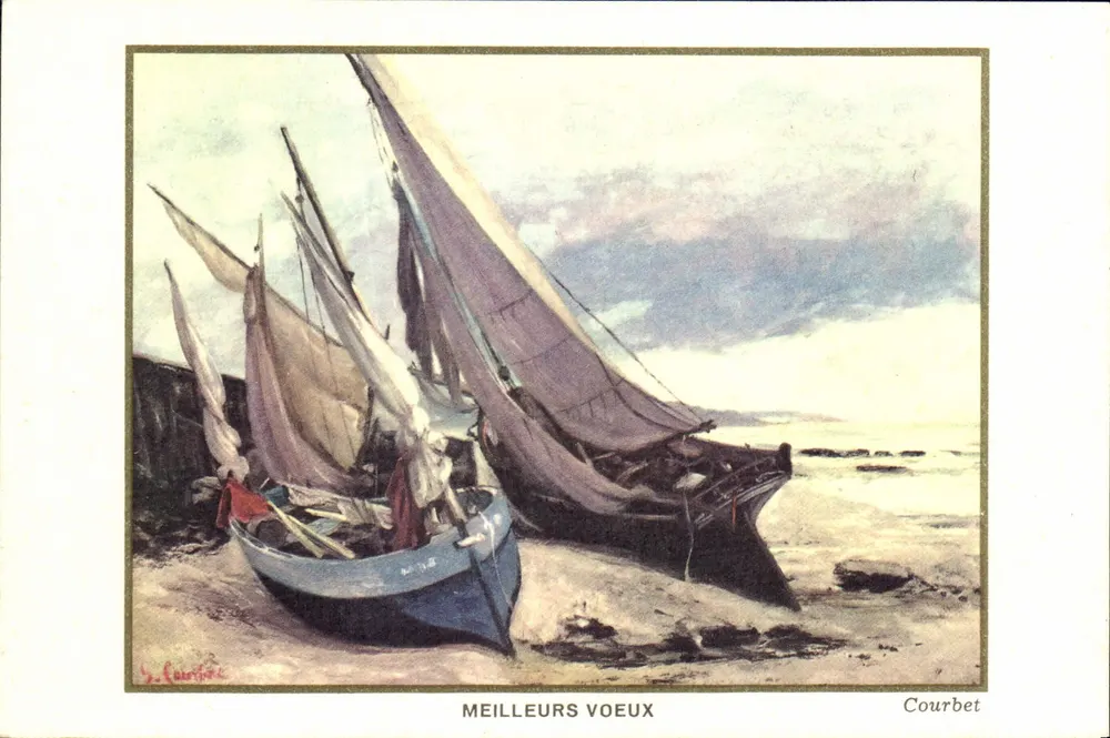 Łódki rybackie na plaży — Najlepsze życzenia — Courbet - Awers