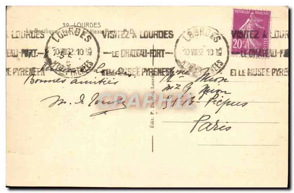 Lourdes — Vista do Castelo-Forte e da Basílica — Ed. P. Deneu - Verso