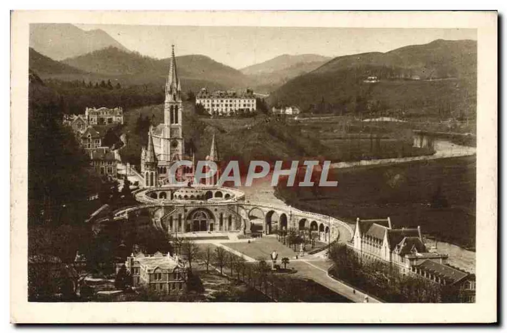 Lourdes — Die Basilika vom Schloss P. D aus gesehen — Ausgabe P. DOUCET, Lourdes - Vorderseite
