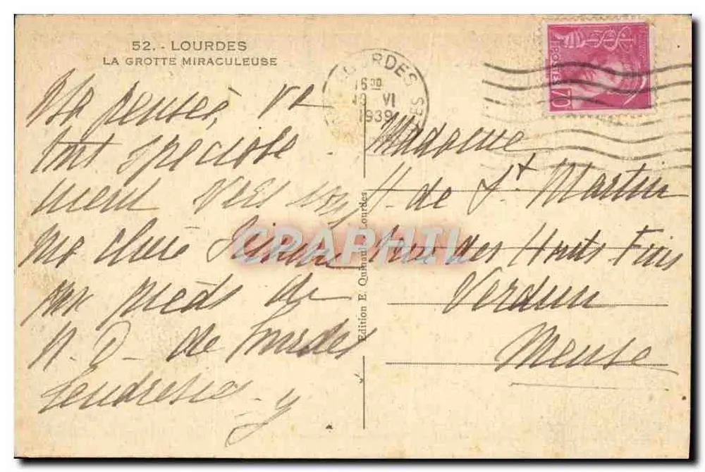 Lourdes — A Gruta Milagrosa — Edição E. Quinault, n°52 - Verso