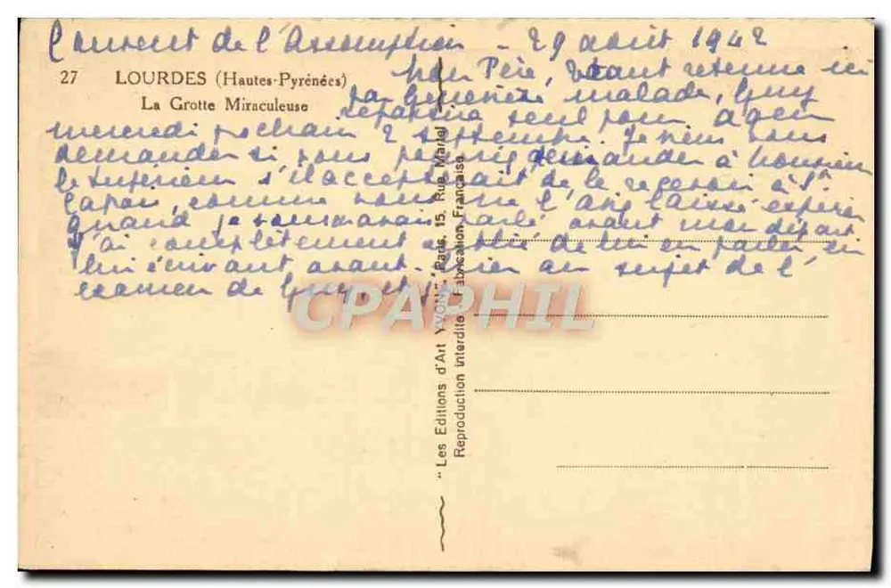 Gruta da Assunção — Lourdes (Hautes-Pyrénées) — Les Éditions d'Art Yvon, n°27 - Verso