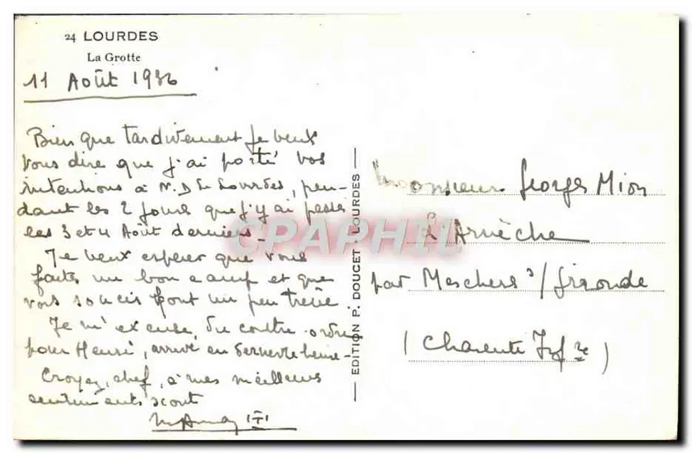 Lourdes — A Gruta — Edição P. Doucet - Verso
