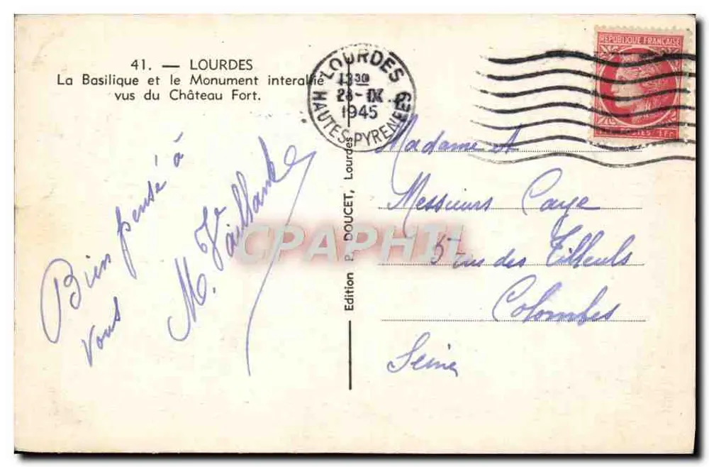 Lourdes — Die Basilika und das Interalliierte Denkmal vom Festungsschloss aus gesehen — Edition P. DOUCET, Serie 41 - Rückseite