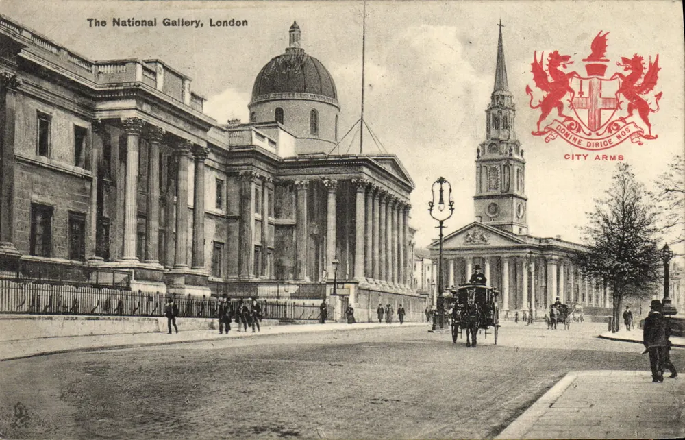 The National Gallery, Londres — vista da fachada neoclássica com a torre de St Martin-in-the-Fields — editor 'Heraldic View' N° 2175 - Frente