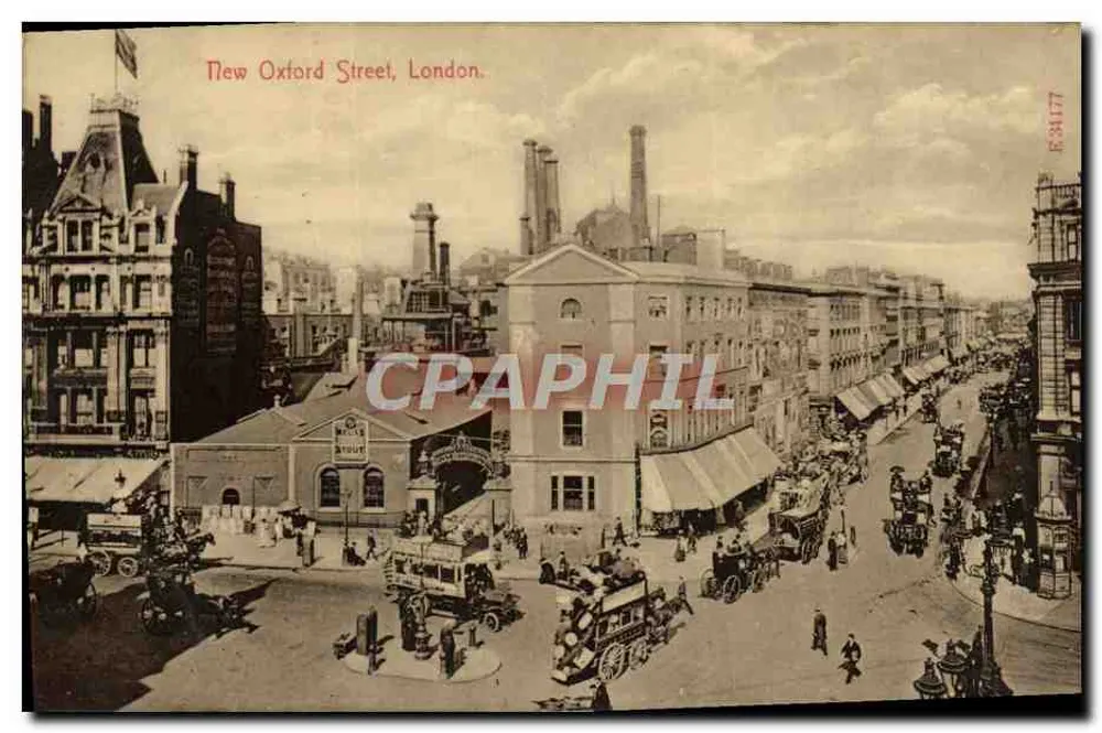 New Oxford Street, London — lebendige Ansicht mit Gebäuden und Fahrzeugen — Verlag O. F. Stiegel & Co. Ltd., Nr. E34177 - Vorderseite