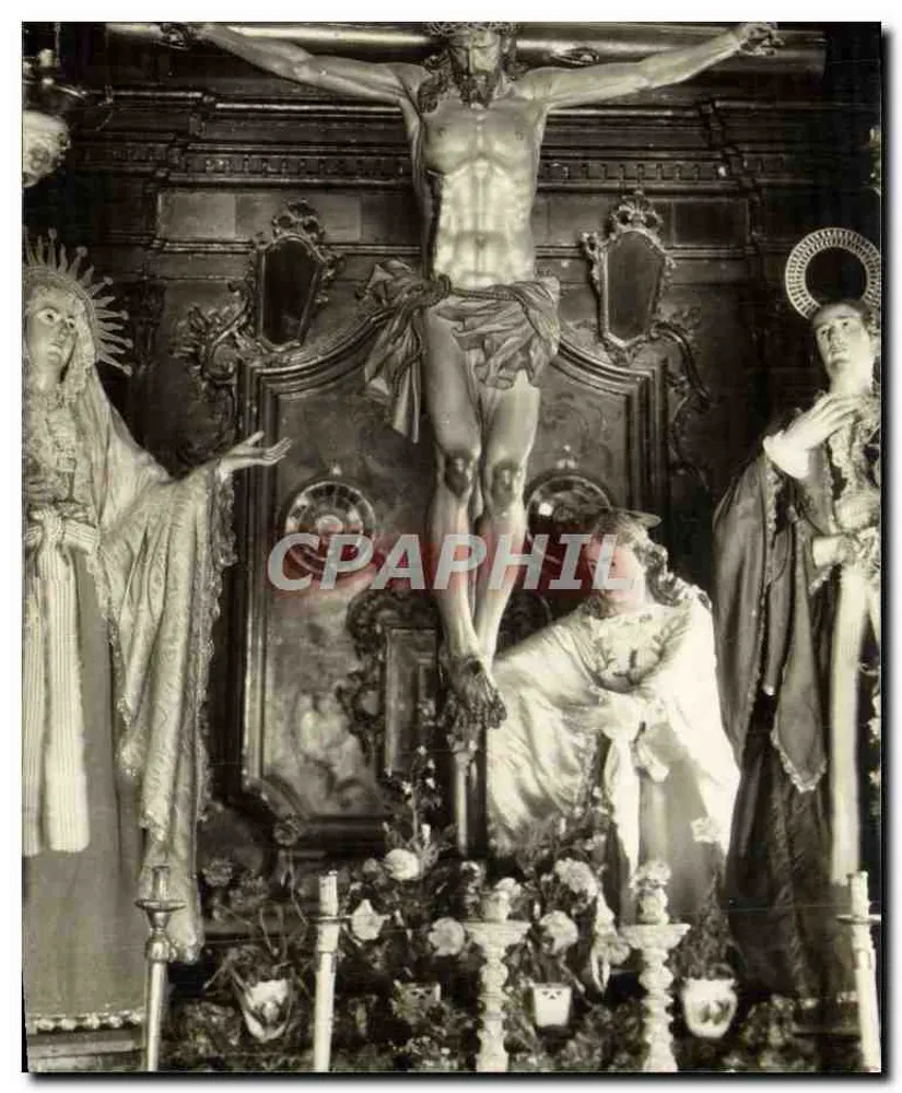 Crucificação — estátua de Jesus Cristo no centro, Maria e São João ao lado — editor Union Universal de Correos - Frente