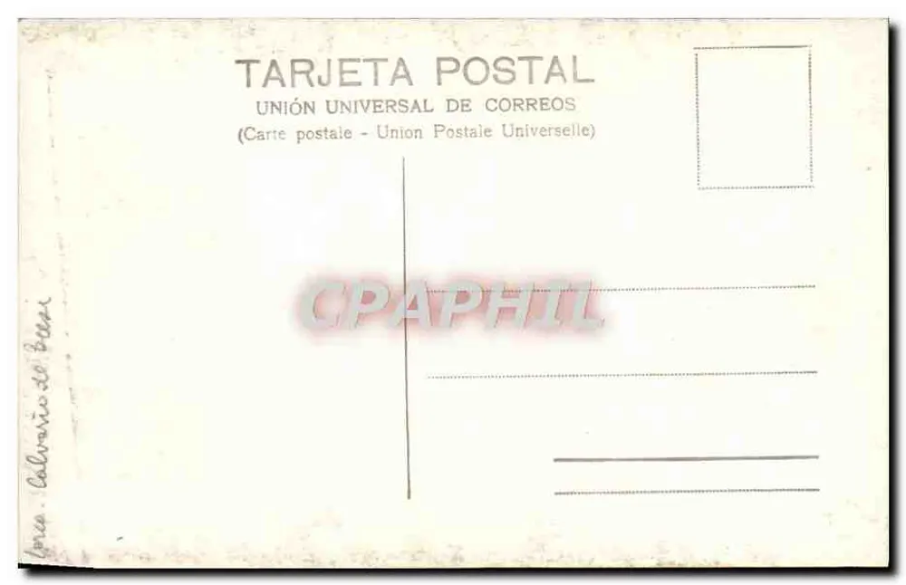 Crucificação — estátua de Jesus Cristo no centro, Maria e São João ao lado — editor Union Universal de Correos - Verso