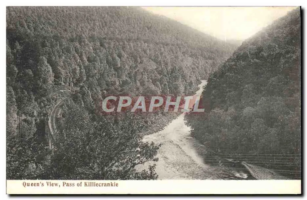 Vista de la Reina, Pass of Killiecrankie — vista aérea del paisaje con río y ferrocarril — editor GWX - Anverso