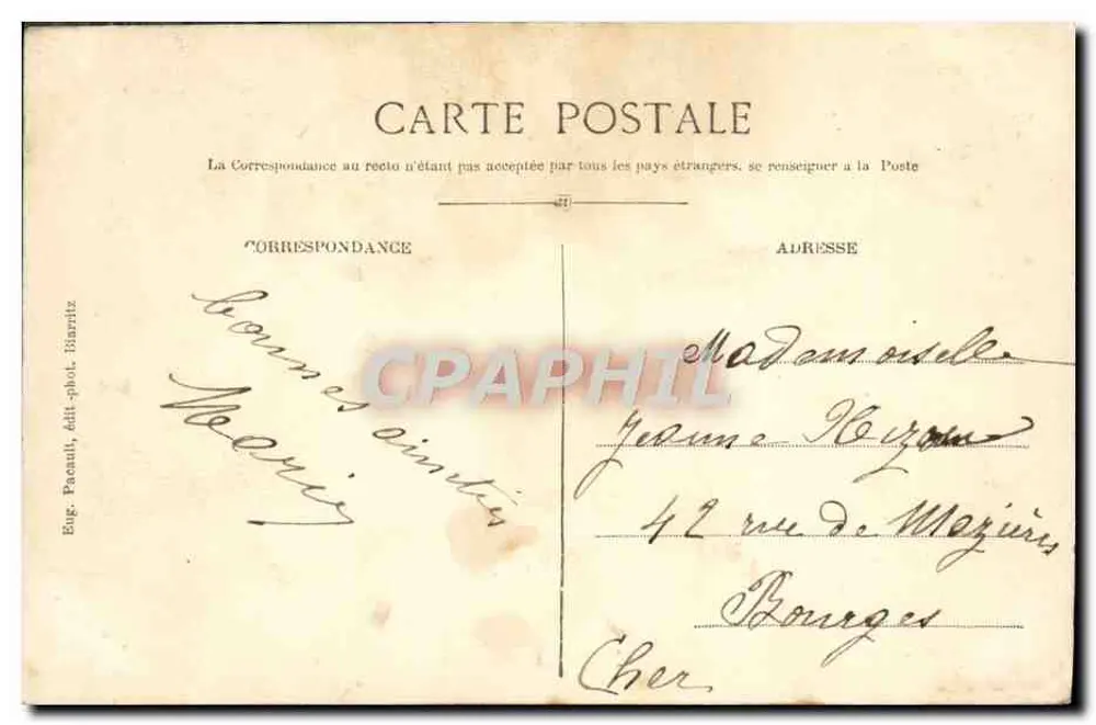 Biarritz — Wellenwirkung am Kreisverkehr des Rochers de la Vierge (Sturm) — Bugé, Pacault, Verleger-Fotograf Biarritz, Nr. 58 - Rückseite