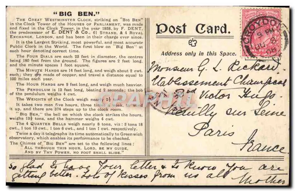 Il Grandissimo Orologio di Westminster (Big Ben) — E. DENT & Co., Ltd., 61, Strand, Londra - Verso